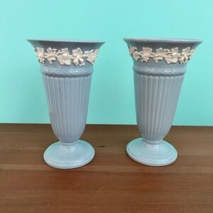 Pair Cream On Blue Wedgwood Embossed Queensware Vases 6.5” Tall Vintage